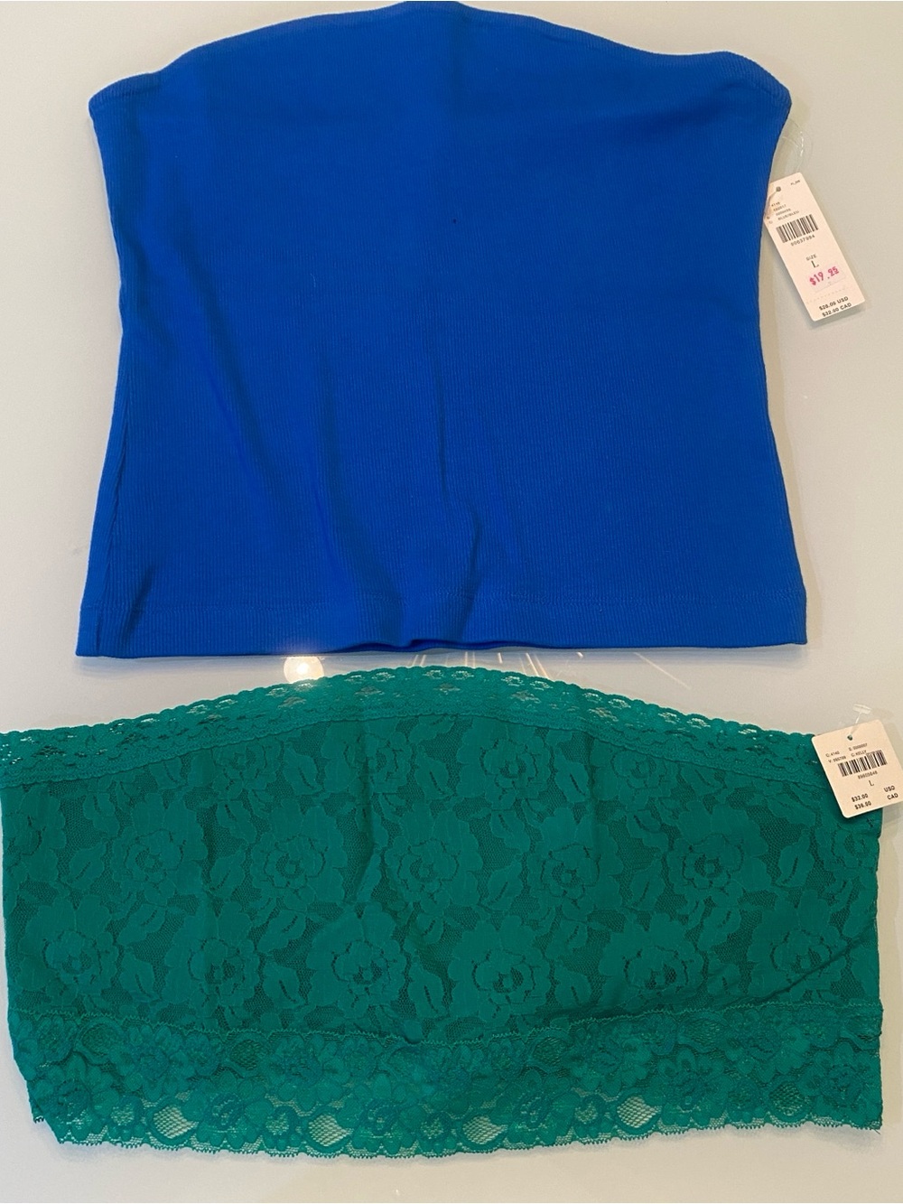 Anthropologie Tube Top & Lace Bandeau Set - Blue Ribbed & Kelly Green Lace (NWT,